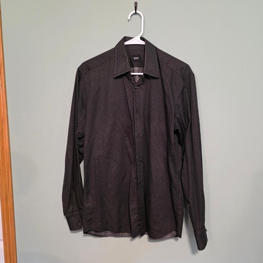 BOSS Hugo Boss Mens Long Sleeve Button Up Shirt Cotton Black Grey Geometric